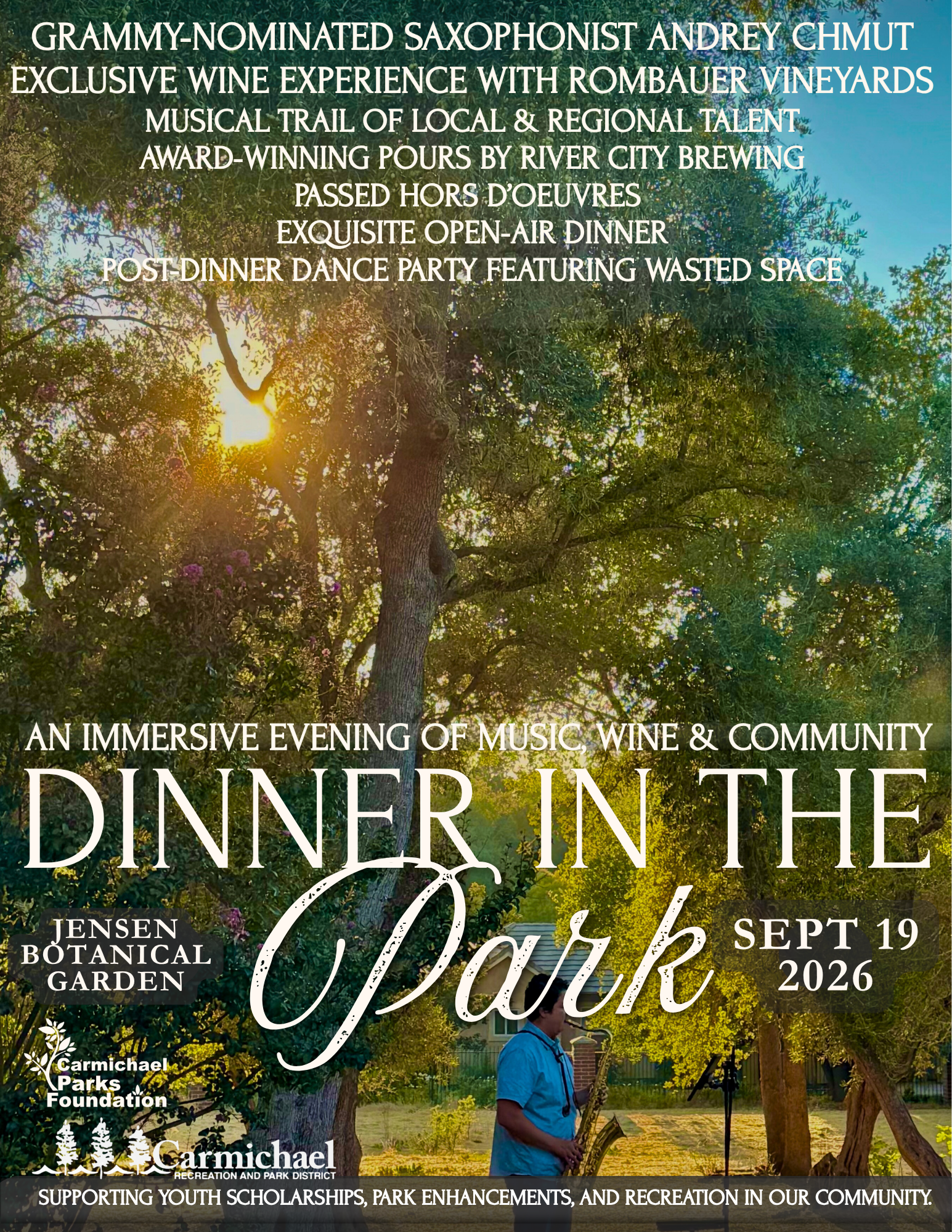 Event titled "Dinner in the Park" on Sept 19, 2026, featuring music, wine, dinner, and dance at Jensen Botanical Garden.
