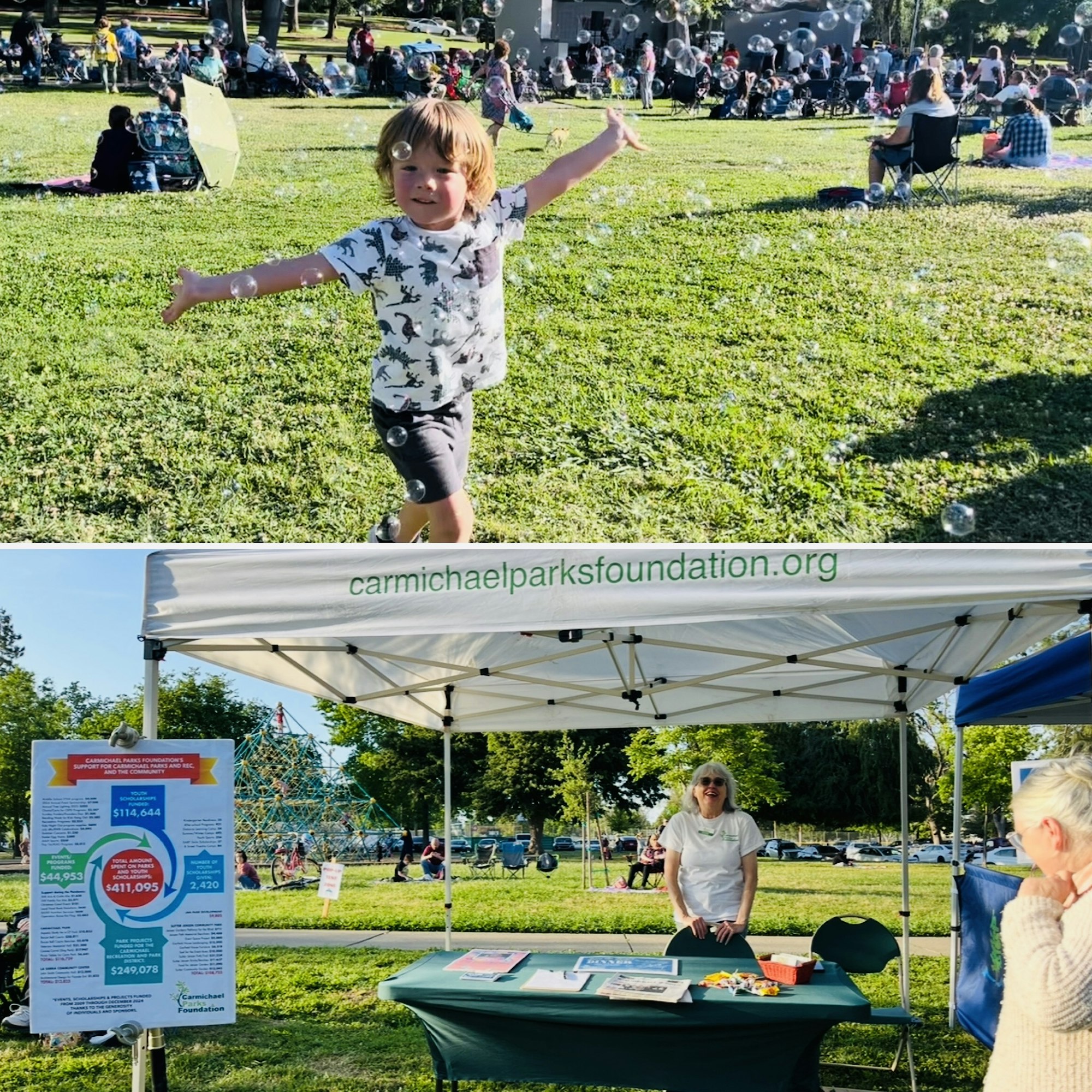 A child plays with bubbles in a park; below is a booth for Carmichael Parks Foundation, with a woman standing beside a display.