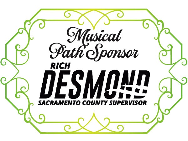 Decorative graphic with text: "Musical Path Sponsor Rich Desmond Sacramento County Supervisor."