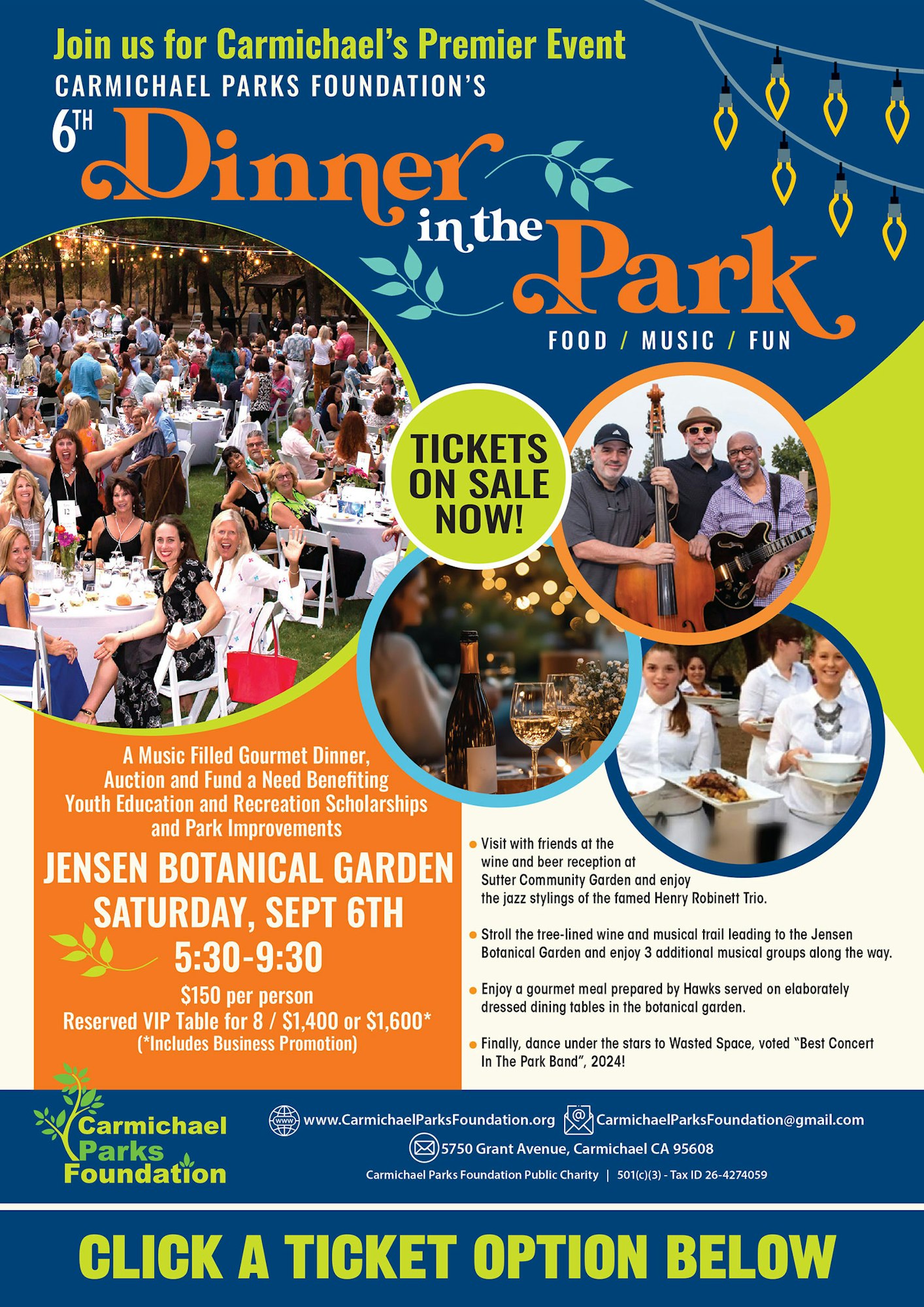 Dinner in the Park event at Jensen Botanical Garden, September 6th, 5:30-9:30 PM. Food, music, and fun. Tickets on sale now!