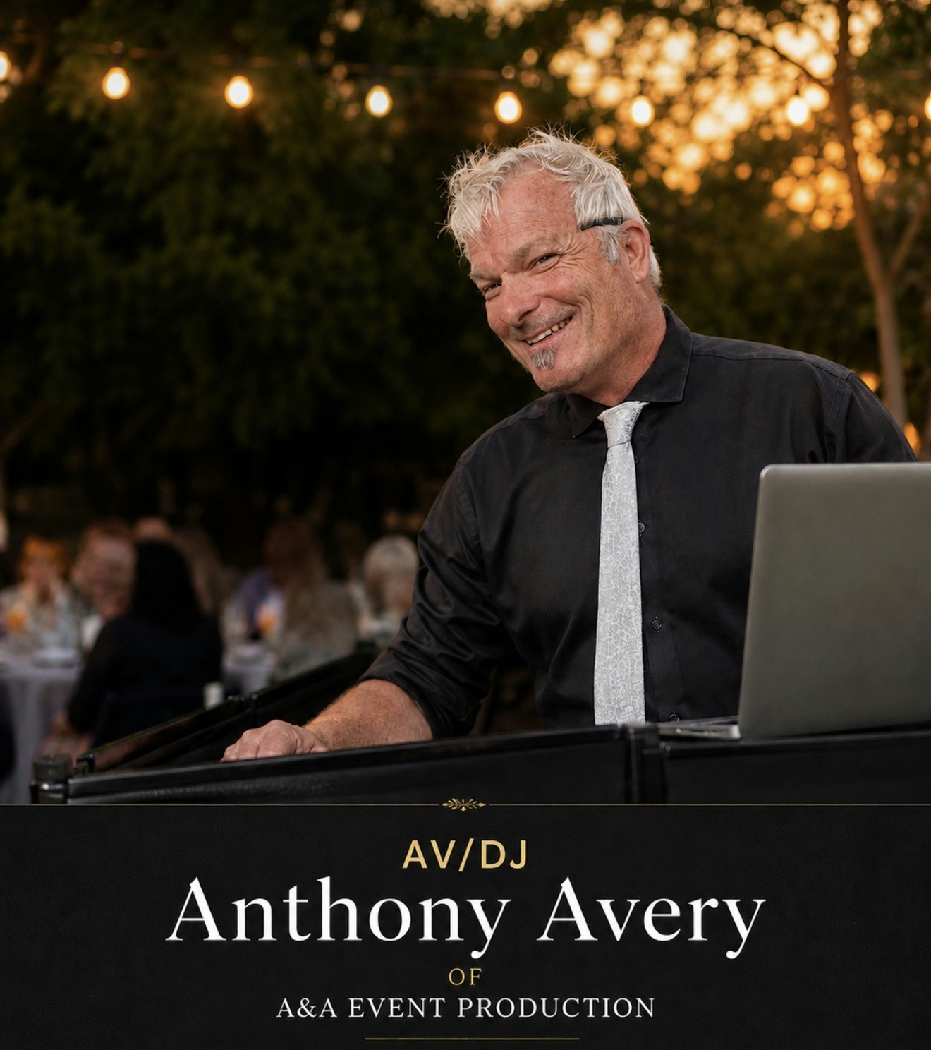 A smiling DJ, Anthony Avery, is at an event, with a laptop and outdoor lights in the background. He's from A&A Event Production.