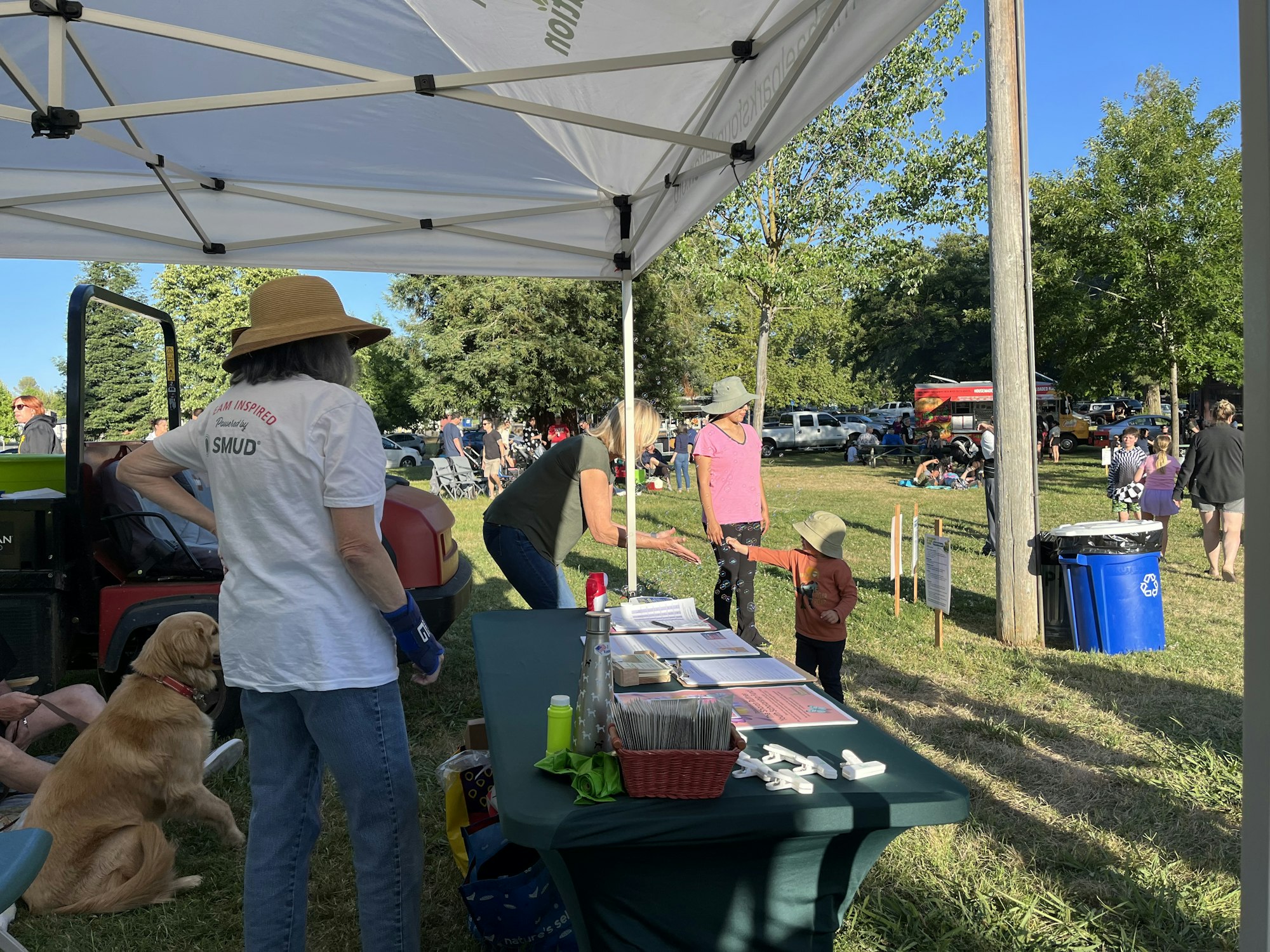 Outdoor event with people, a dog, canopy tent, and materials on a table, with park and vehicles in the background.