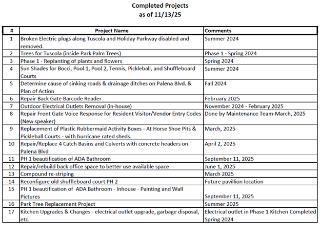 Table listing 17 completed projects with project names and comments, updated as of 11/13/25.