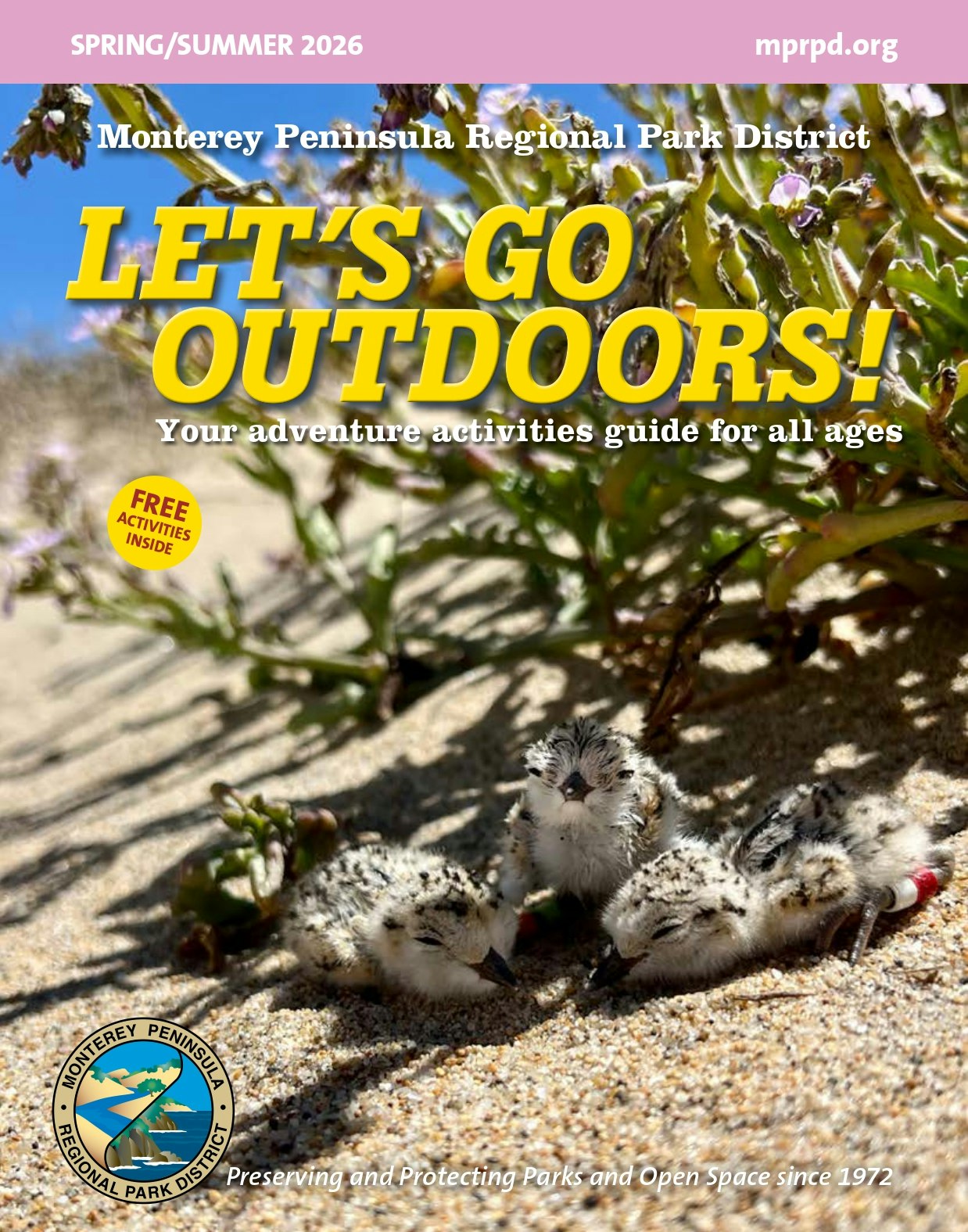 A guide promoting outdoor activities for all ages, featuring baby birds on a beach, from the Monterey Peninsula Regional Park District.