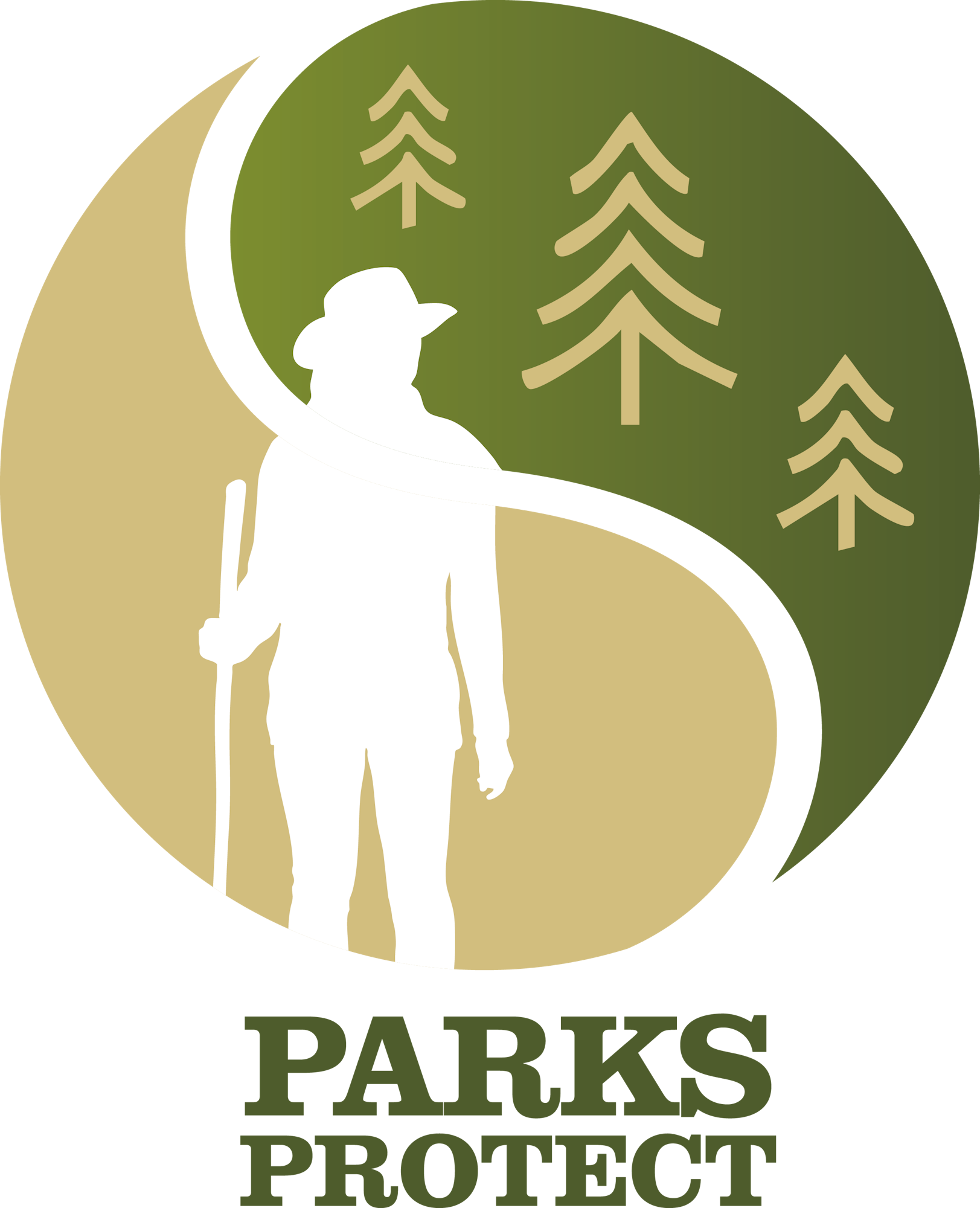 Silhouette of a hiker with trees, yin-yang style, text: "Parks Protect."