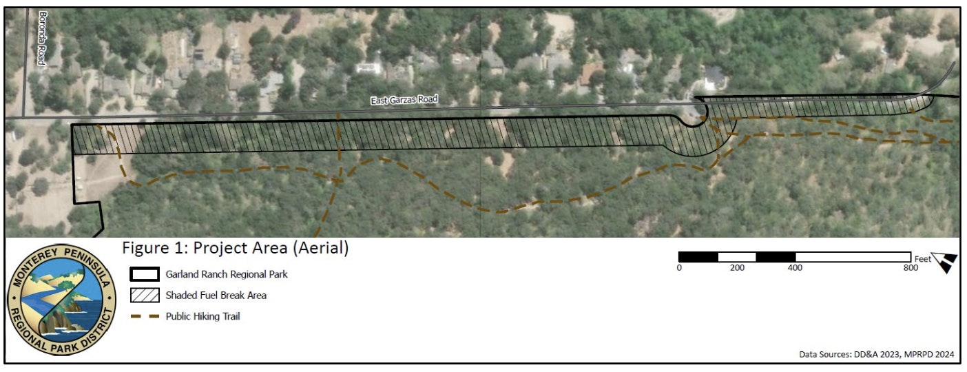 Aerial map showing Garland Ranch Regional Park with a shaded fuel break area and hiking trails marked.