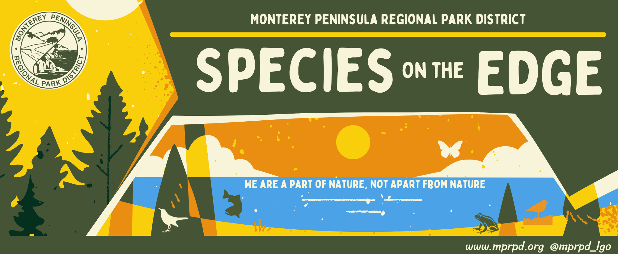 Monterey Peninsula Regional Park District poster, "Species on the Edge," with nature illustrations and conservation message.