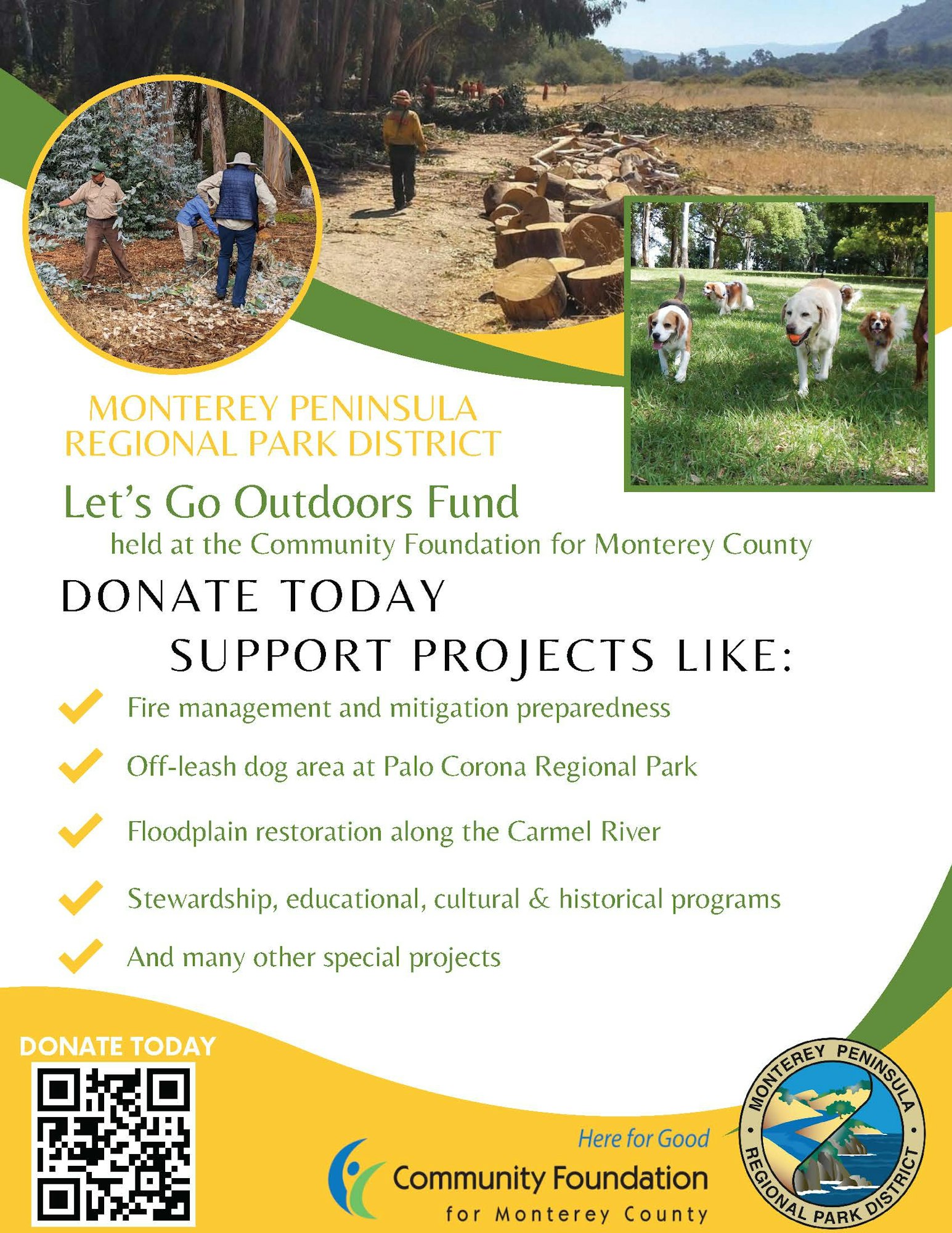 Monterey Peninsula Regional Park District donation flyer supporting outdoor projects like fire management and off-leash dog areas.