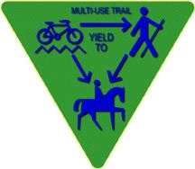 Triangle graphic with a bike, walking person and a horse