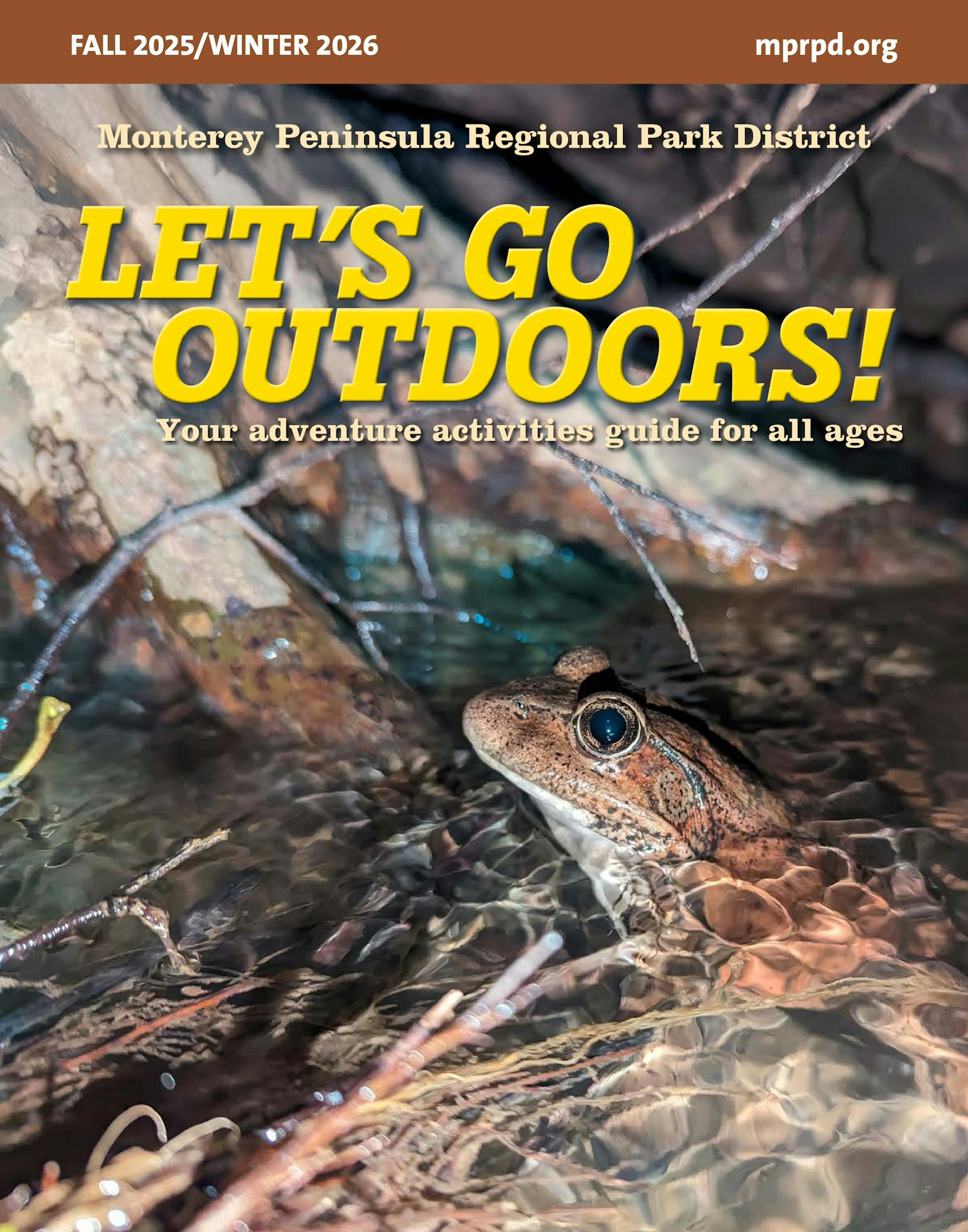 Cover of a guide titled "Let's Go Outdoors!" by Monterey Peninsula Regional Park District, featuring a frog in water.