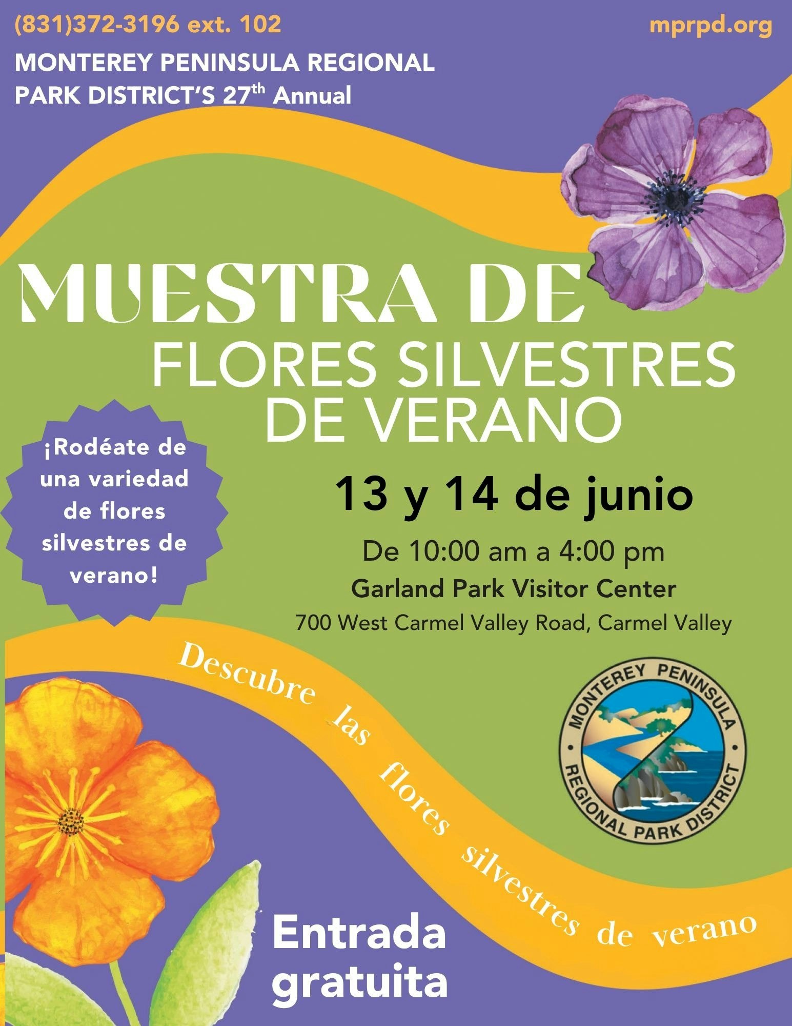 Event poster for a wildflower show on June 13-14 at Garland Park, featuring free entry and flower displays.