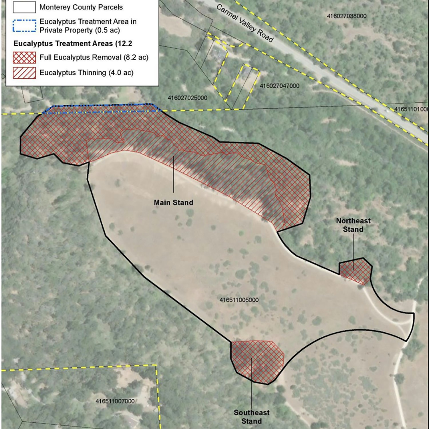 Annotated map indicating areas for eucalyptus treatment including removal and thinning.