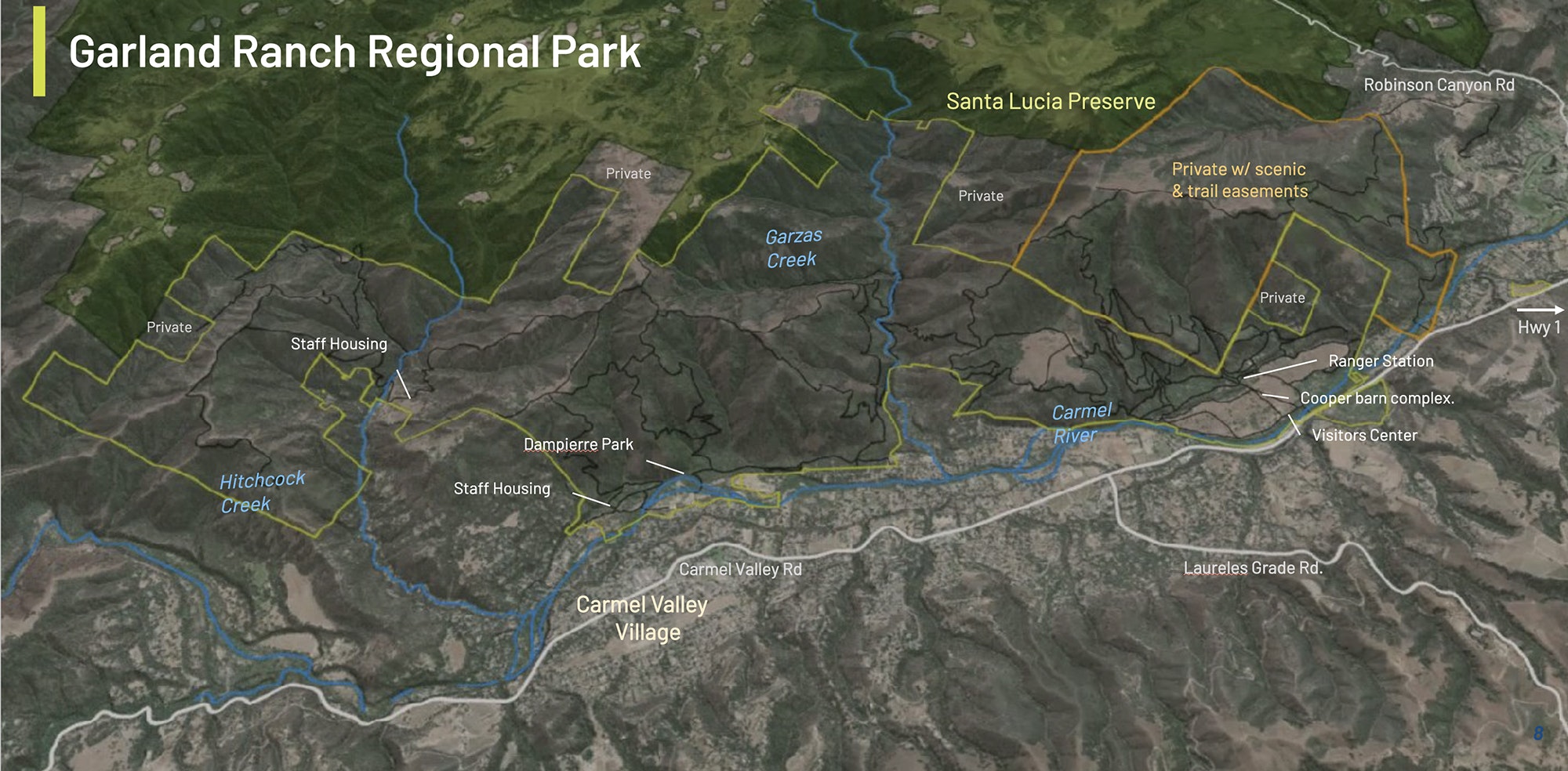 A topographic map of Garland Ranch Regional Park, surrounding areas, and notable features such as rivers, roads, and buildings.