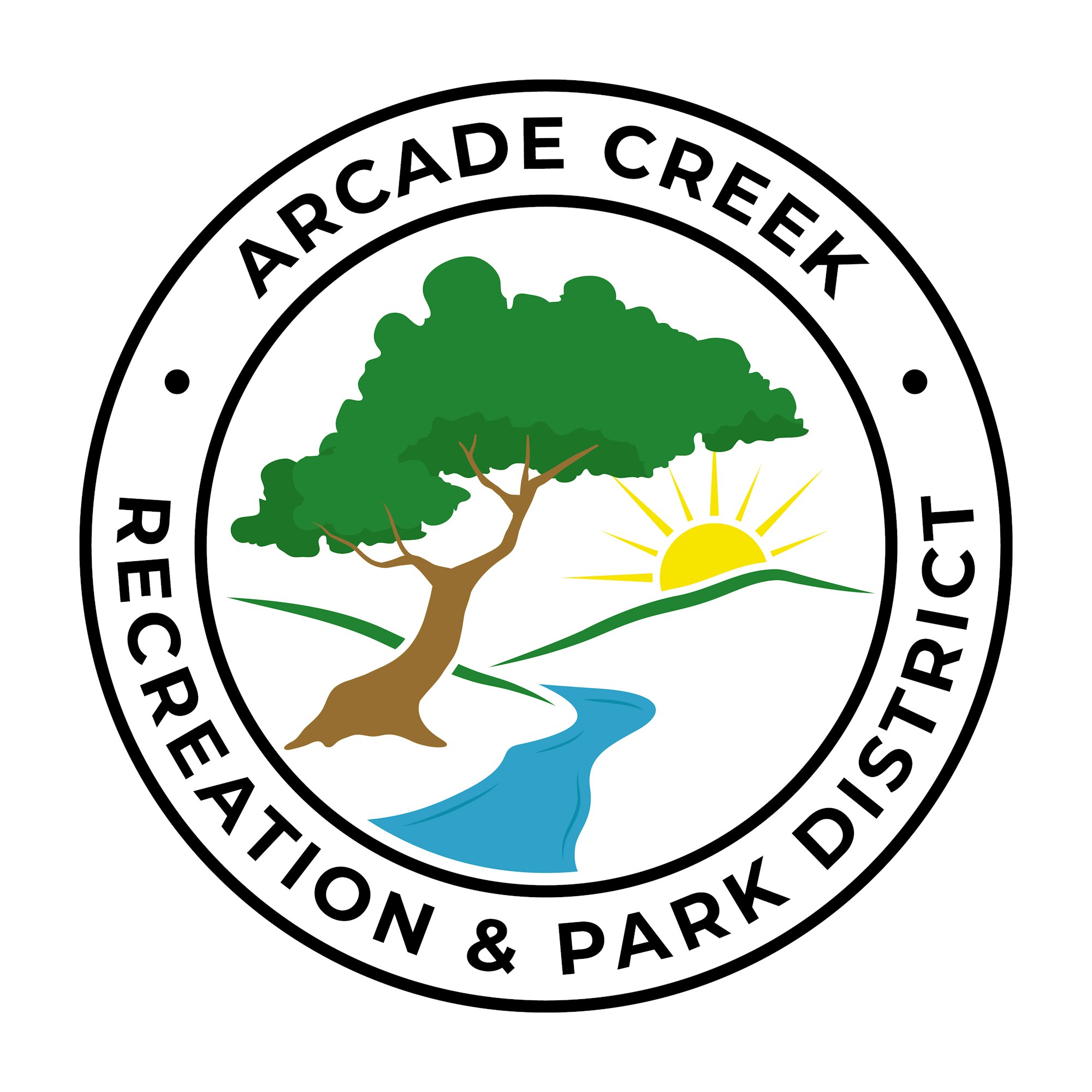 Logo of Arcade Creek Recreation & Park District with a tree, river, sun, and hills.