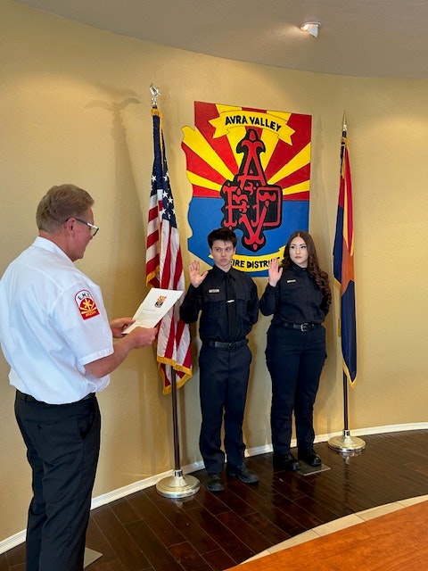 Chief Delfs administers Oath of Office for Firefighters Maverick Gilbert and Sabrina Villa 07-24-25