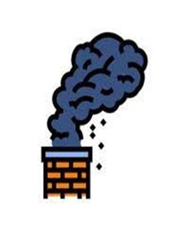A small brick chimney emitting thick blue-grey smoke upwards.