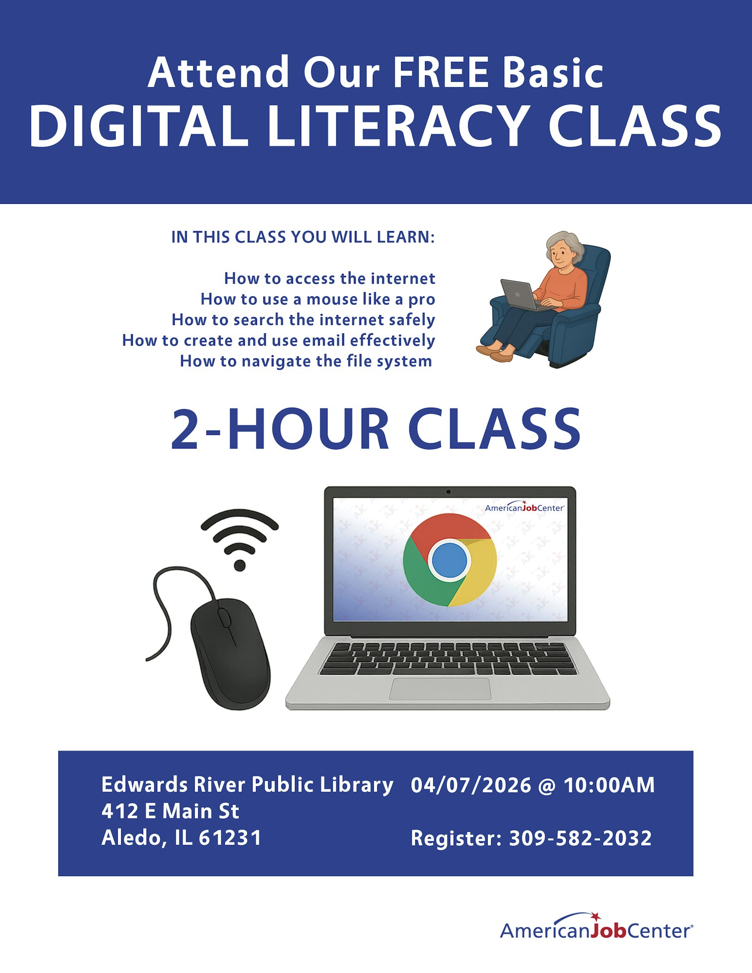 Join a free 2-hour digital literacy class on April 7, 2026, at Edwards River Public Library, Aledo, IL. Register at 309-582-2032.