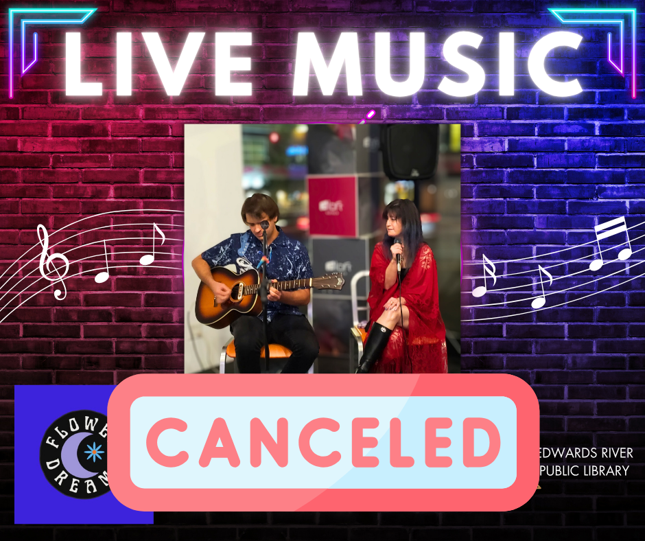 A canceled live music event featuring a guitarist and a singer, with a vibrant backdrop and musical notes design.