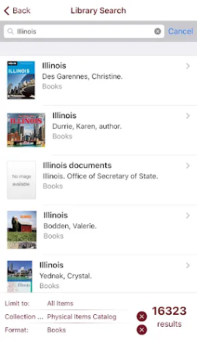 A screenshot of a library search for "Illinois" showing a list of books with authors and some thumbnails; 16323 results found.