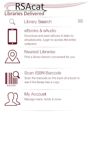 A mobile library app interface with options for searching, eBooks, finding libraries, scanning ISBNs, and account management.