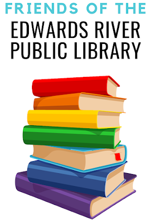 A colorful stack of books with text "Friends of the Edwards River Public Library" above.