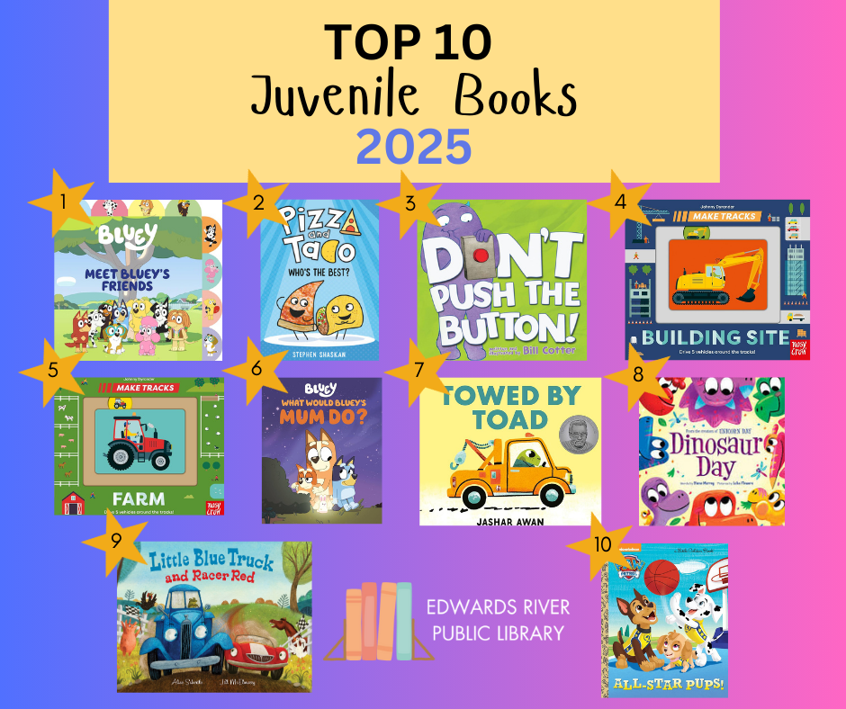 Top 10 juvenile books for 2025 include titles like "Bluey," "Pizza and Taco," and "Don't Push the Button!" at Edwards River Public Library.