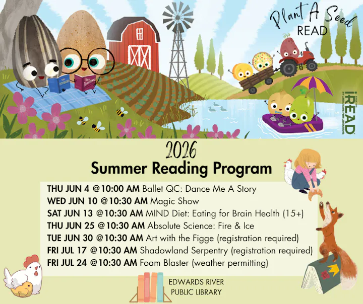 The image details the 2026 Summer Reading Program events at Edwards River Public Library, featuring activities from June to July.