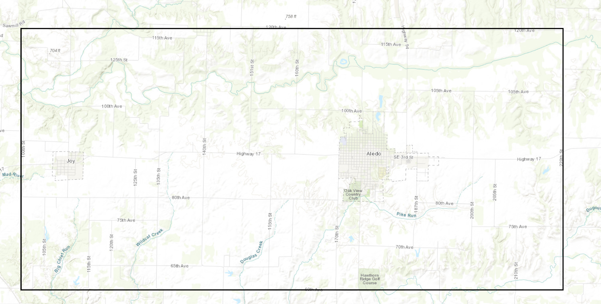 A topographic map showing terrain, roads, and locations like Joy and Aledo.