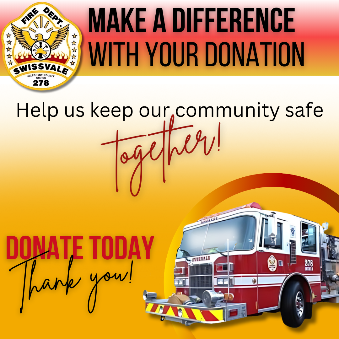 A fire department donation request poster featuring a fire truck and urging community support.