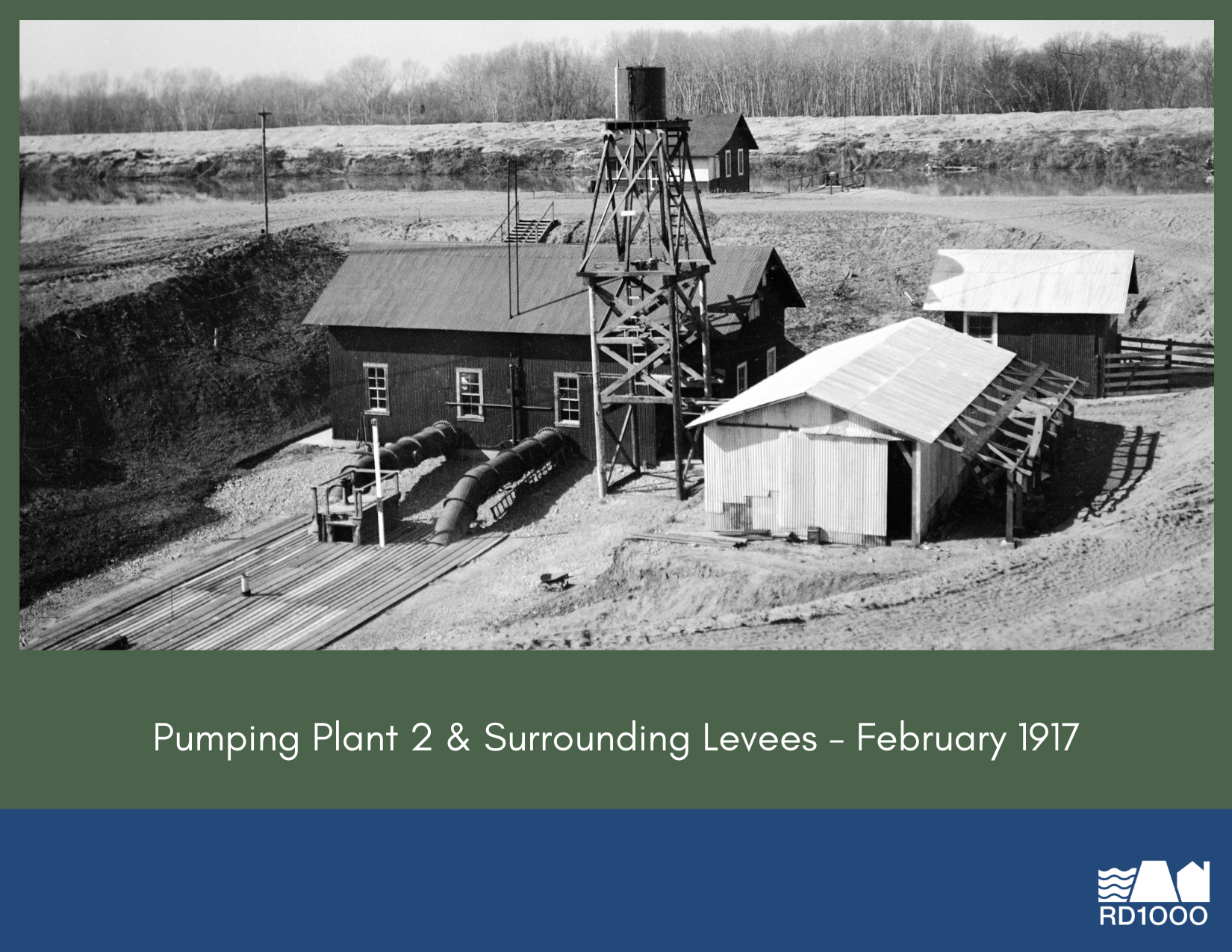 The image shows a historical pumping plant and surrounding levees, dated February 1917.