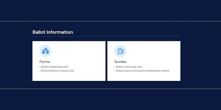 The image shows ballot information for 2023, including links for the official ballot and voter guides in English and Spanish.