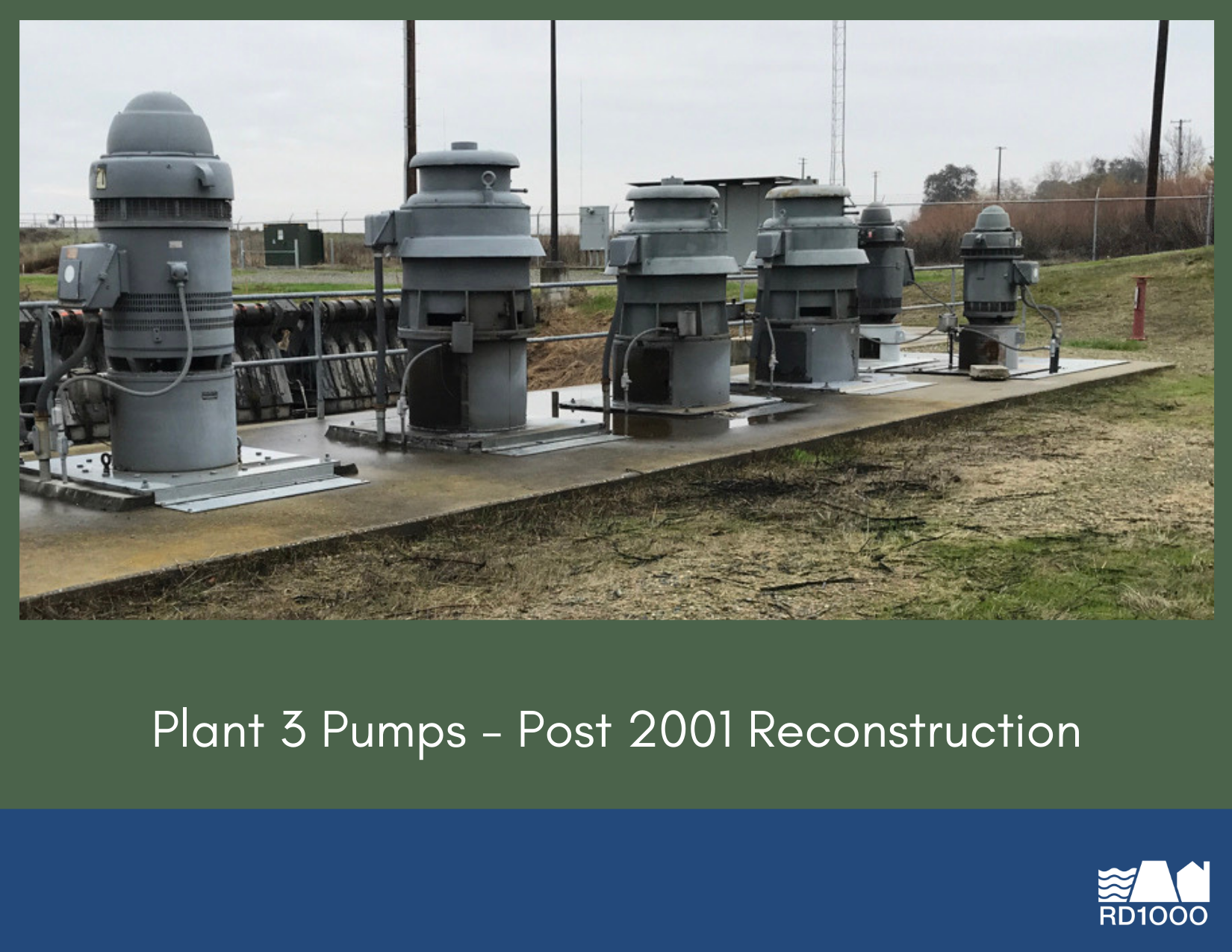 The image shows reconstructed pumps at Plant 3, featuring multiple grey water pumps on a concrete base.