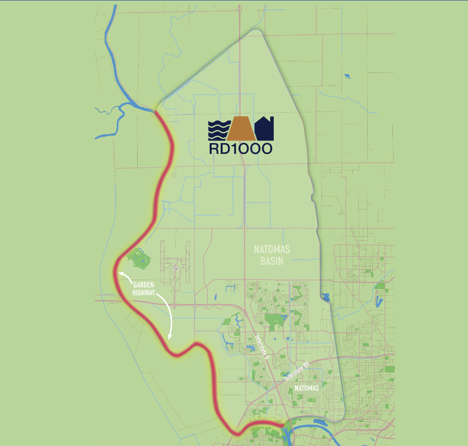 The image is a map showing the RD1000 area, highlighting Garden Highway and the Natomas Basin.