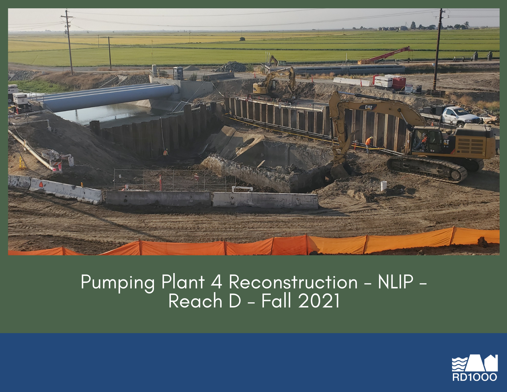 The image shows construction work at Pumping Plant 4, part of the NLIP, during Fall 2021, featuring heavy machinery and excavation.