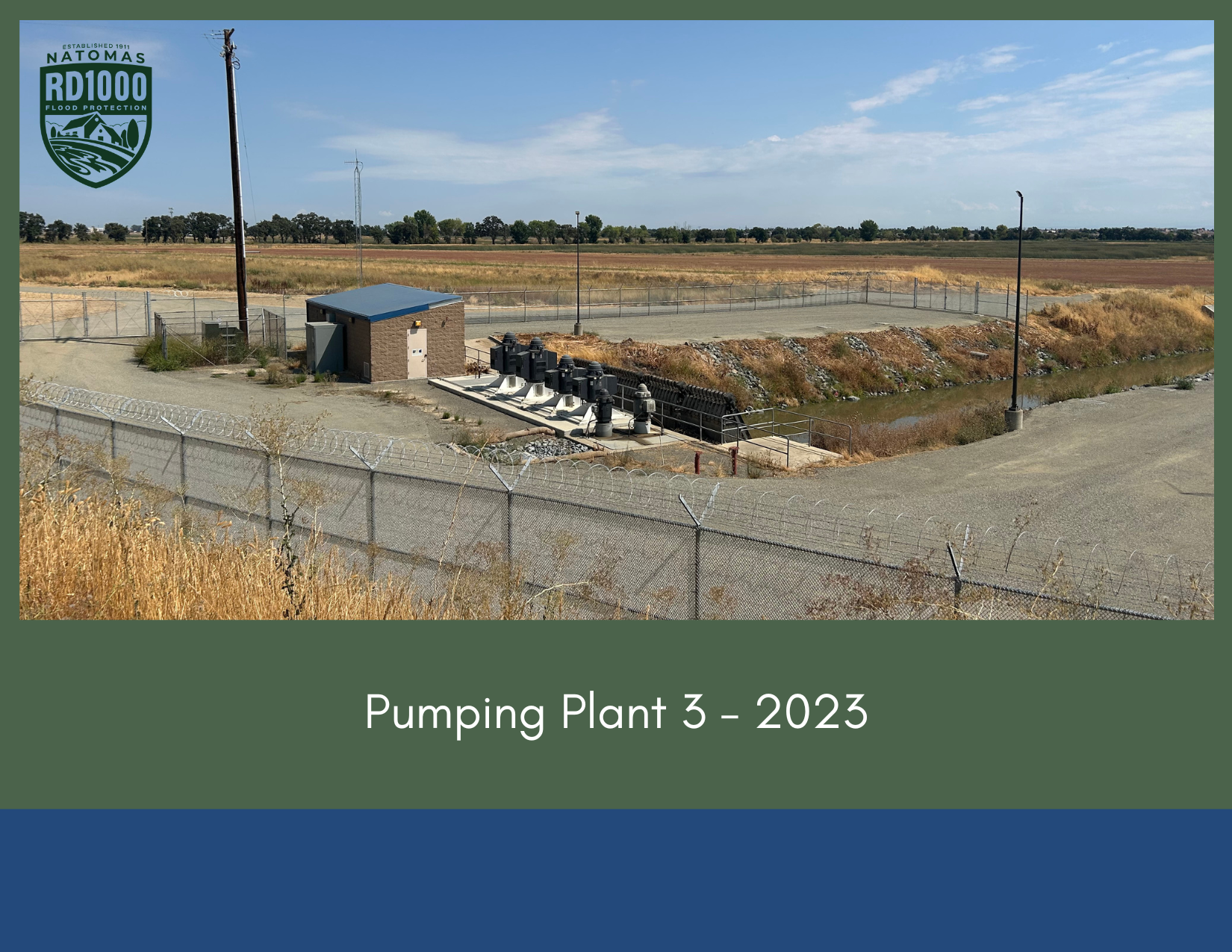 The image shows Pumping Plant 3, part of the Natomas flood protection system, featuring pumps, a building, and surrounding fields.