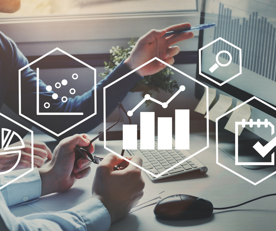 The image shows hands working with data analysis and charts, alongside icons representing statistics and productivity.