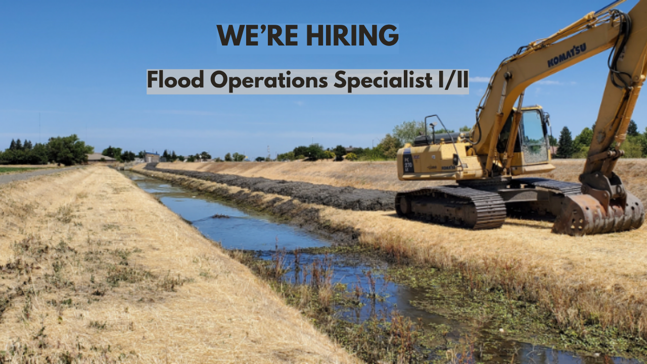 The image shows a job hiring announcement for a Flood Operations Specialist, with an excavator working on a canal.