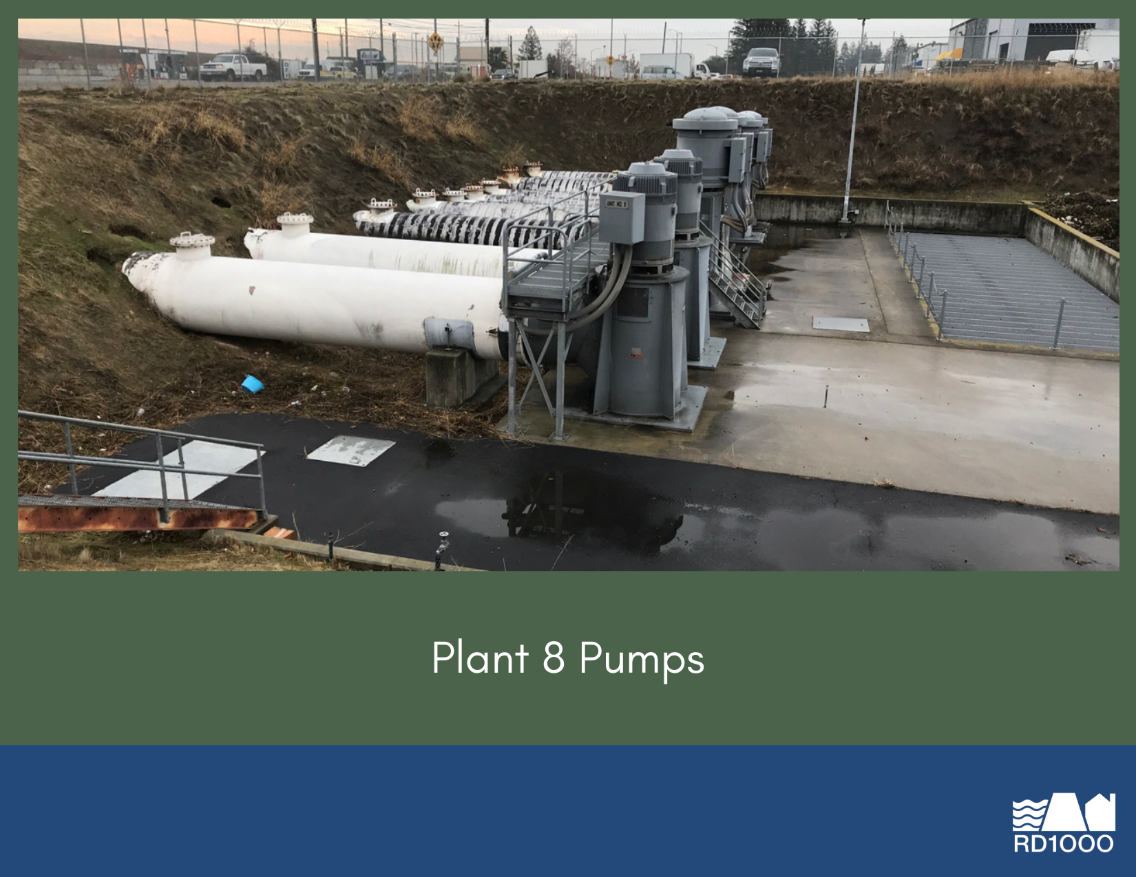 Image shows Plant 8 pumps with large pipes and motors, situated on a sloped area near a concrete surface.