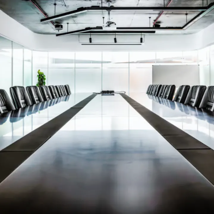 Modern conference room with a long table, chairs, and a minimalist design.