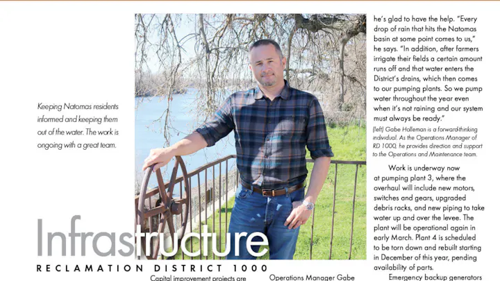 The image features Gabe Holleman, Operations Manager of Reclamation District 1000, discussing infrastructure and water management.
