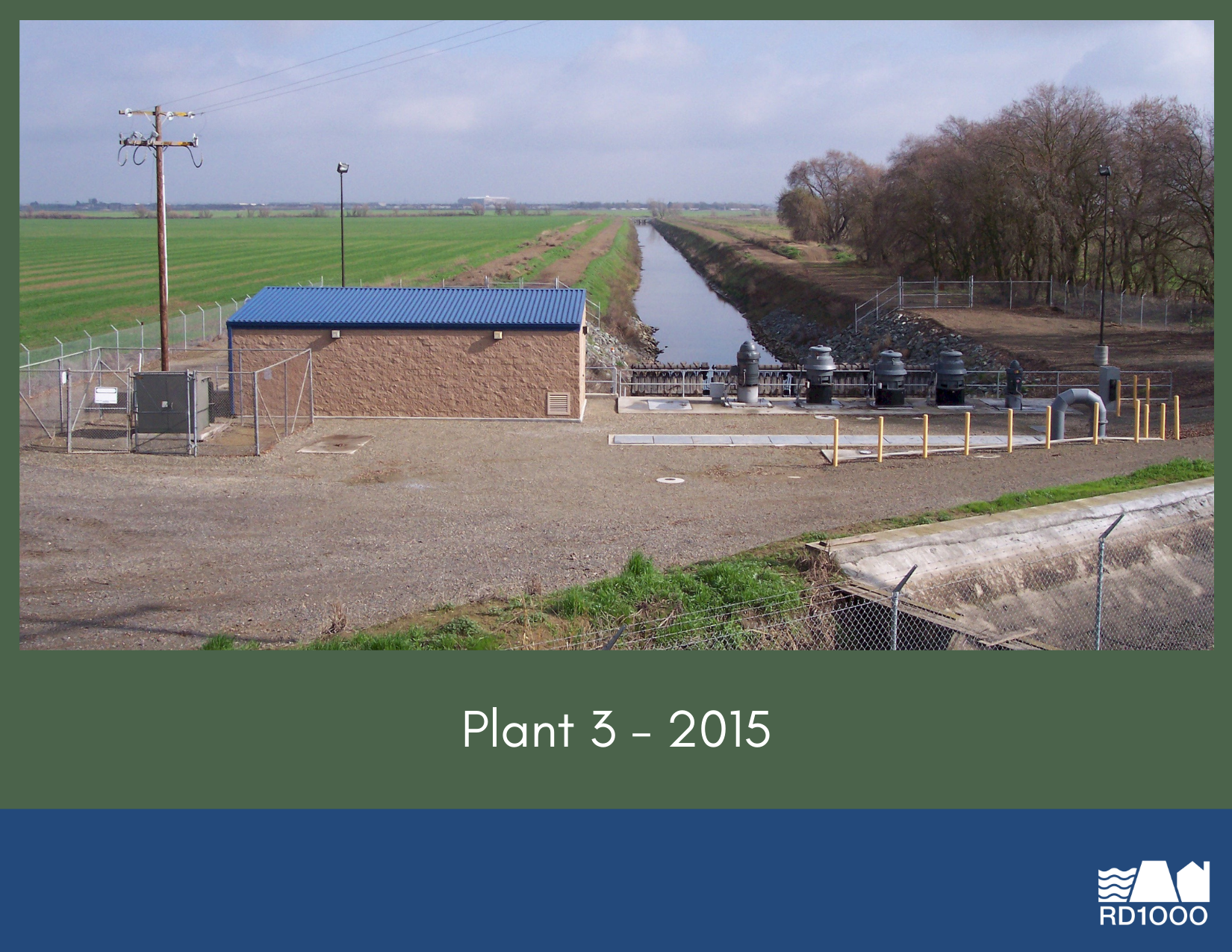 The image shows a water management facility, labeled "Plant 3 - 2015", with pumps, a building, and a canal, set in an agricultural landscape.