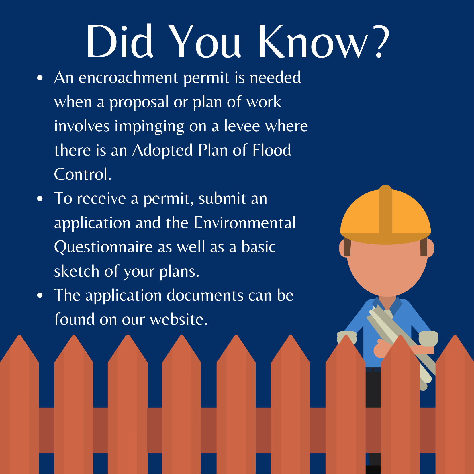 The image provides information about needing an encroachment permit for work near levees and how to apply for it.