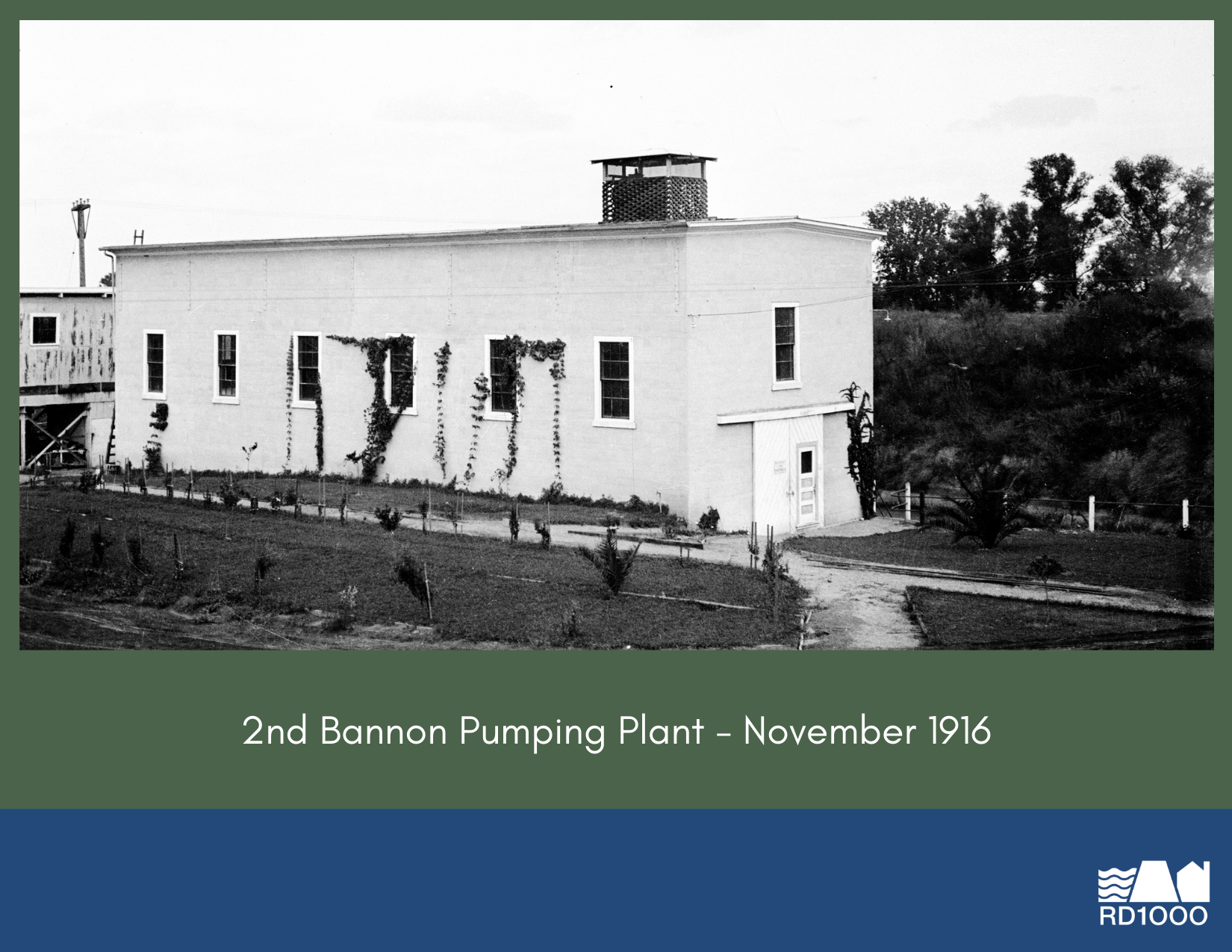 Historic photo of the 2nd Bannon Pumping Plant taken in November 1916, showing a building surrounded by greenery.