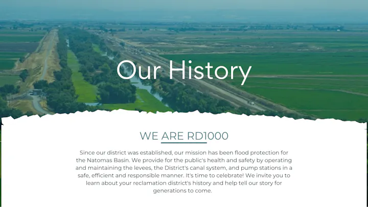 The image presents information about RD1000, a district focused on flood protection and public safety in the Natomas Basin.