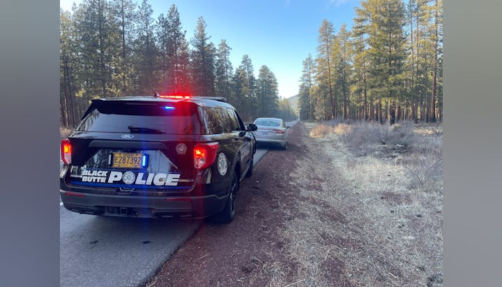 A police vehicle with lights on is parked beside a road in a forested area, next to another car.
