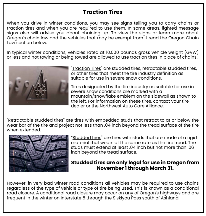 Text explains Oregon's winter tire requirements, detailing studded, retractable, and traction tires, with specific legal timeframes and conditions.
