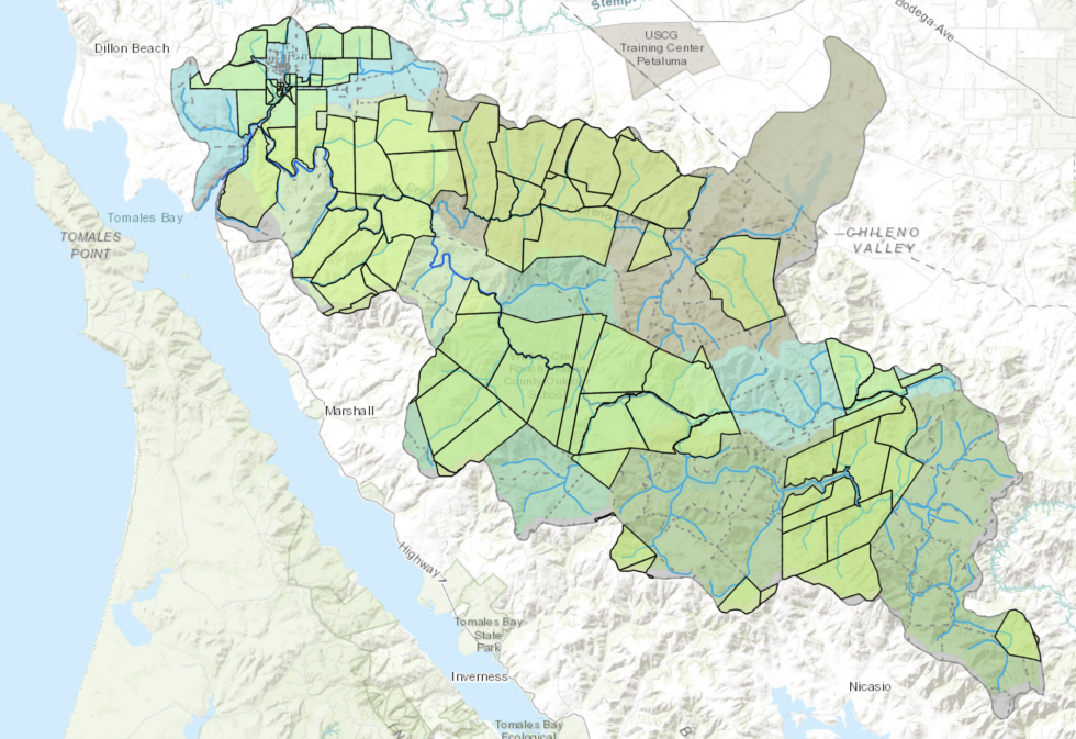The image shows a map of an area, likely highlighting different land use zones or administrative boundaries, with varied shades of green.