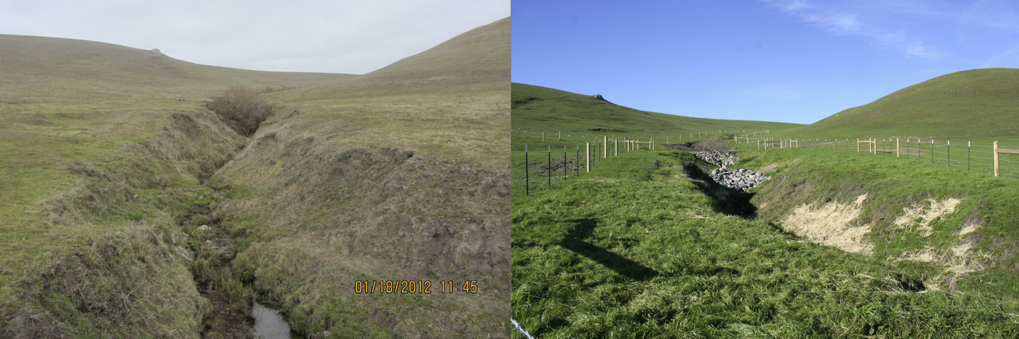 Two images show a landscape with a dry streambed; the left is dull and overcast, while the right is sunny with greenery and a fence.