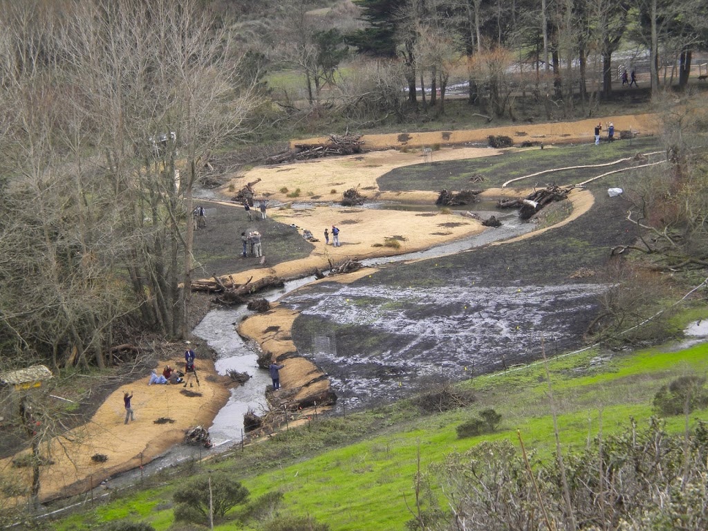 The image shows a serene natural landscape with a winding stream, sandy areas, and people exploring among trees.
