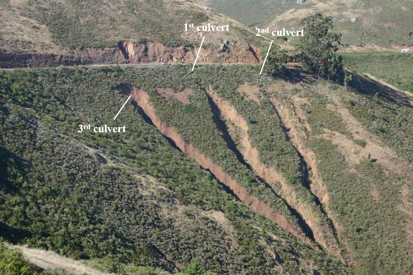 The image shows a hillside with three labeled culverts indicating drainage points, surrounded by greenery and terrain features.